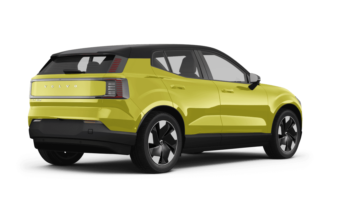 Volvo EX30 Moss Yellow/Onyx Black Metallic - Back view Volvo EX30 Moss Yellow/Onyx Black Metallic - Back view