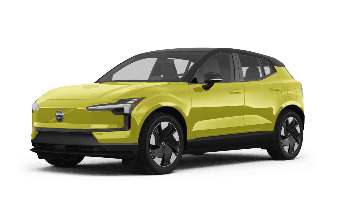 Volvo EX30 Moss Yellow/Onyx Black Metallic - Front view Volvo EX30 Moss Yellow/Onyx Black Metallic - Front view