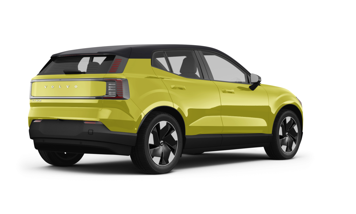 Volvo EX30 Moss Yellow/Onyx Black Metallic - Back view Volvo EX30 Moss Yellow/Onyx Black Metallic - Back view